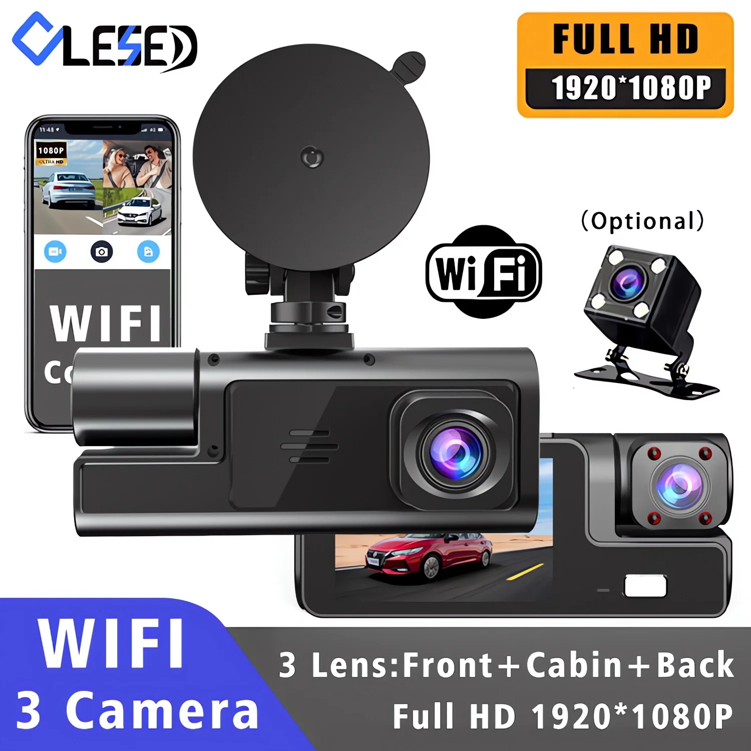 Caméra de tableau de bord WiFi pour voiture, 3 caméras FHD 1080P, enregistreur vidéo, 3 canaux, vue avant et arrière, Vision nocturne, boîte noire DVR pour la sécurité des véhicules 1 Caméra de tableau de bord WiFi pour voiture, 3 caméras FHD 1080P, enregistreur vidéo, 3 canaux, vue avant et arrière, Vision nocturne, boîte noire DVR pour la sécurité des véhicules 1