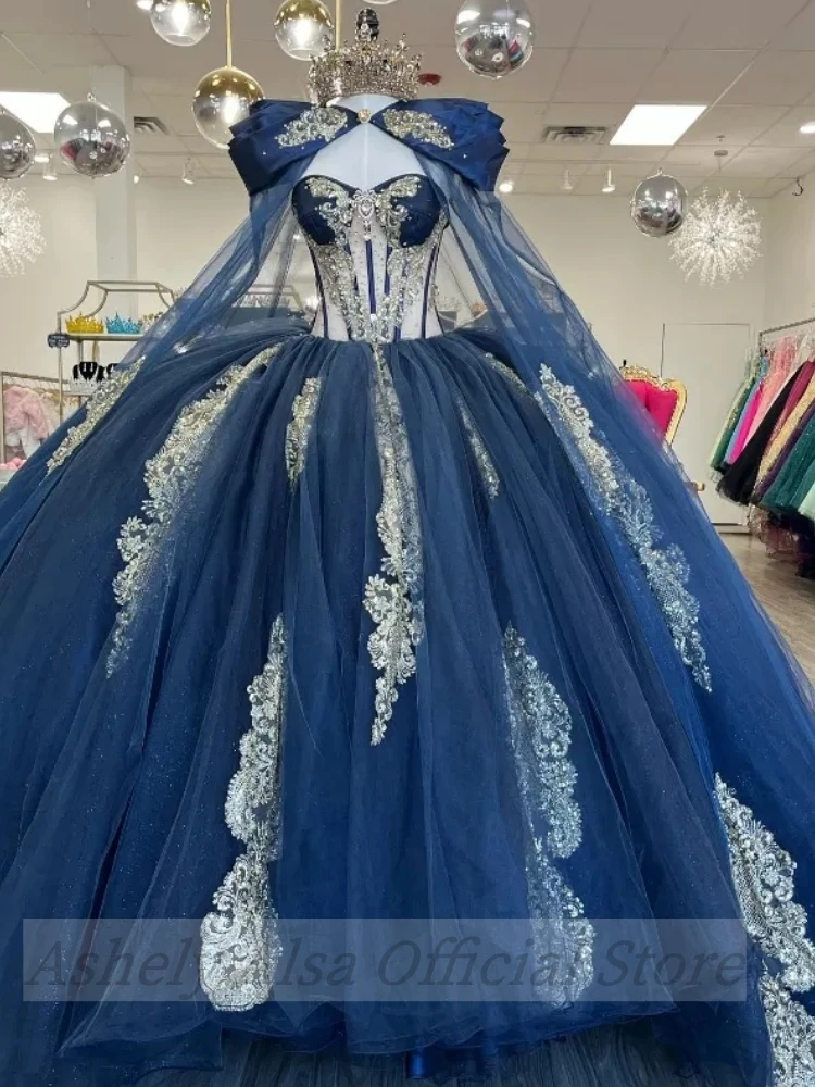 AA31 Navy Blue Quinceanera Dresses With Cape Princess Sweet 14 16 Girls Birthday Party Prom Gown vestidos de 15 Anox