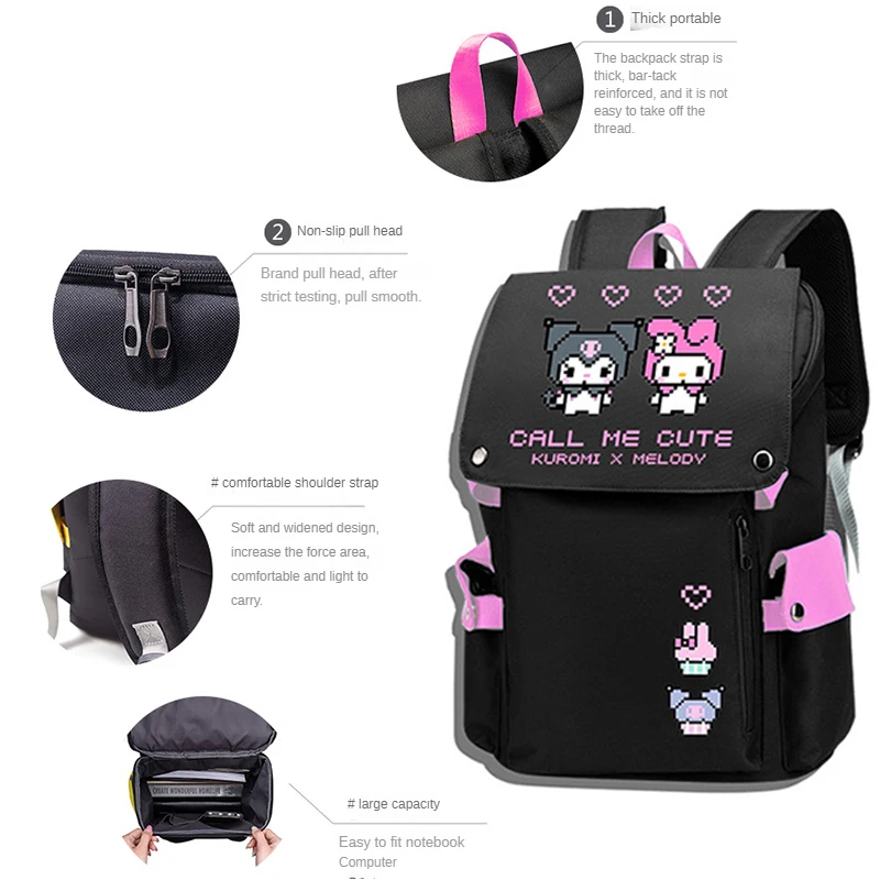 

Sanrio Kuromi kawaii Cartoon Backpack Anime jk lolita Oxford Waterproof Schoolbag Teens Book Bags computer bag Birthday Gift