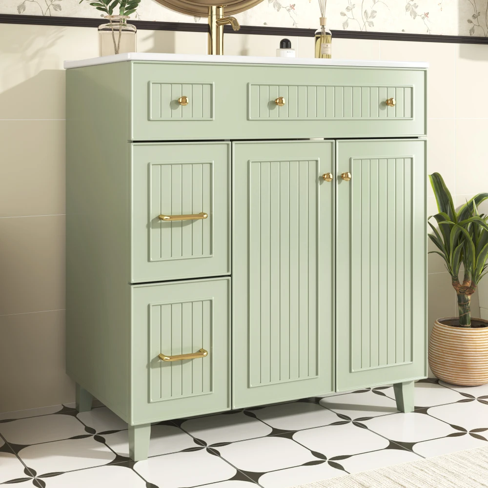 81,7 cm moderner stehender Badezimmerschrank mit Keramikwaschbecken, lackierter Oberfläche, multifunktionaler Stauraum und Massivholzfüßen – Detail 30