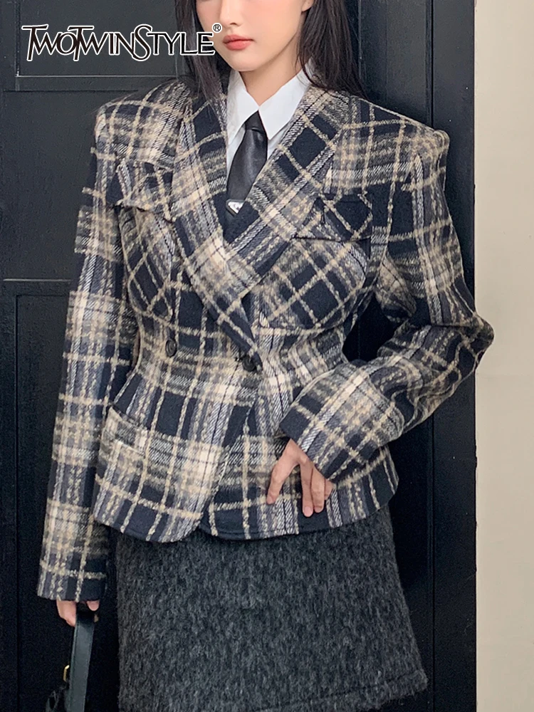 

TWOTWINSTYLE Colorblock Plaid Blazer For Women Notched Collar Long Sleeve Tunic Patchwork Button Casual Blazers Female Fashion