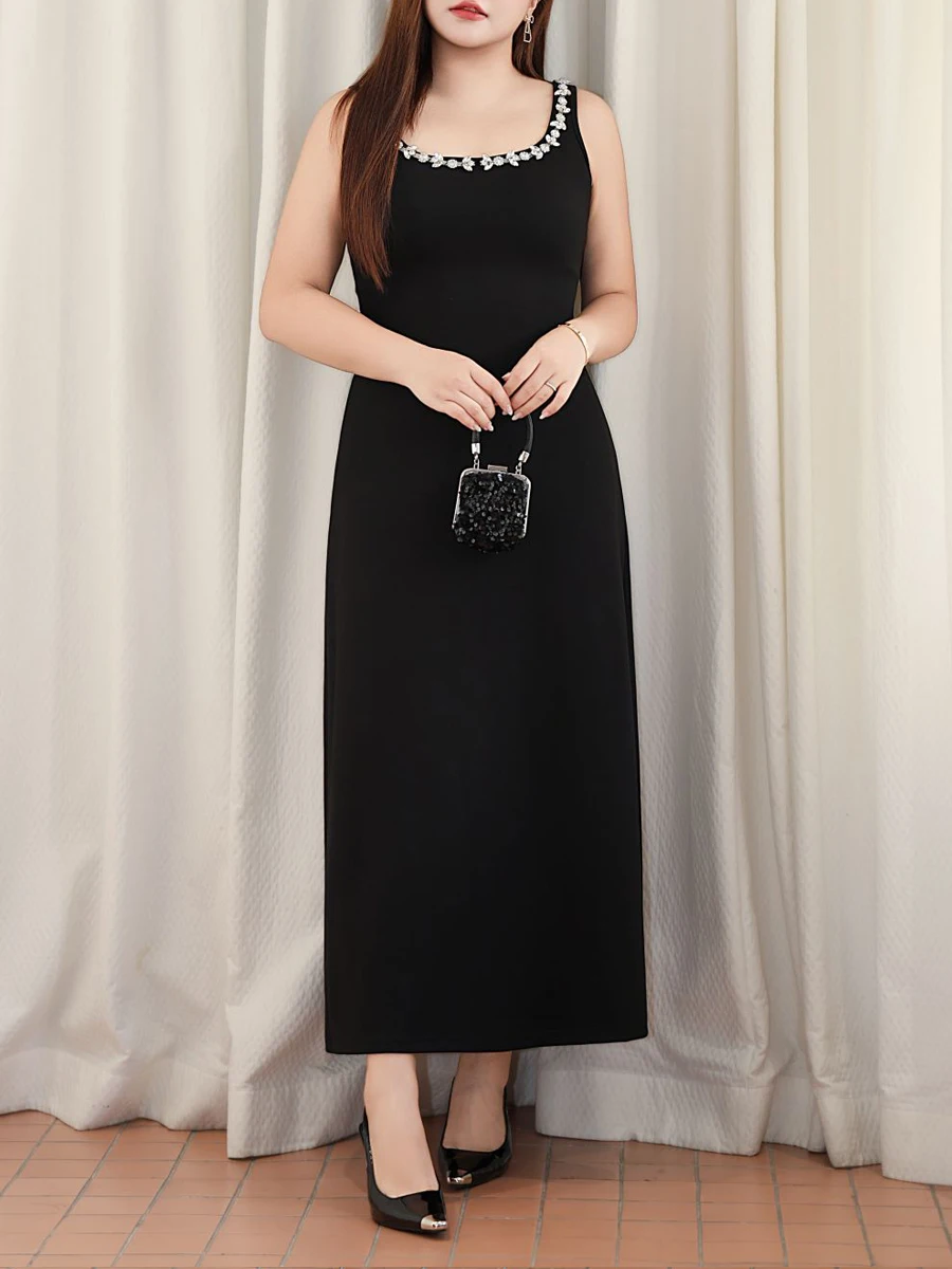 Premium Slim U-Shaped Diamond Neck Black Classic Vintage French Strap Plus Size Women's Long Dress Autumn 2025