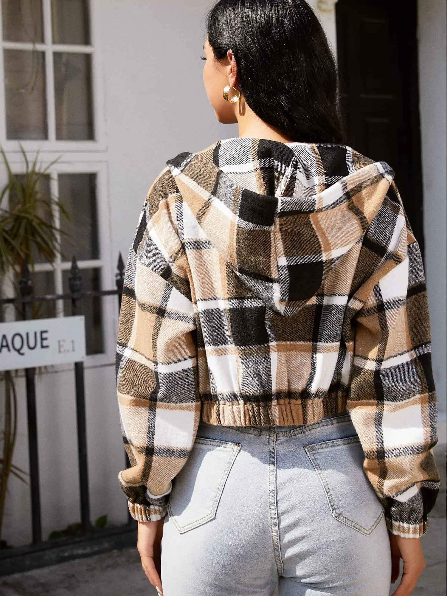 ZAFUL Plaid Flannel Flap Pocket Zip Hooded Jacket Women Drop