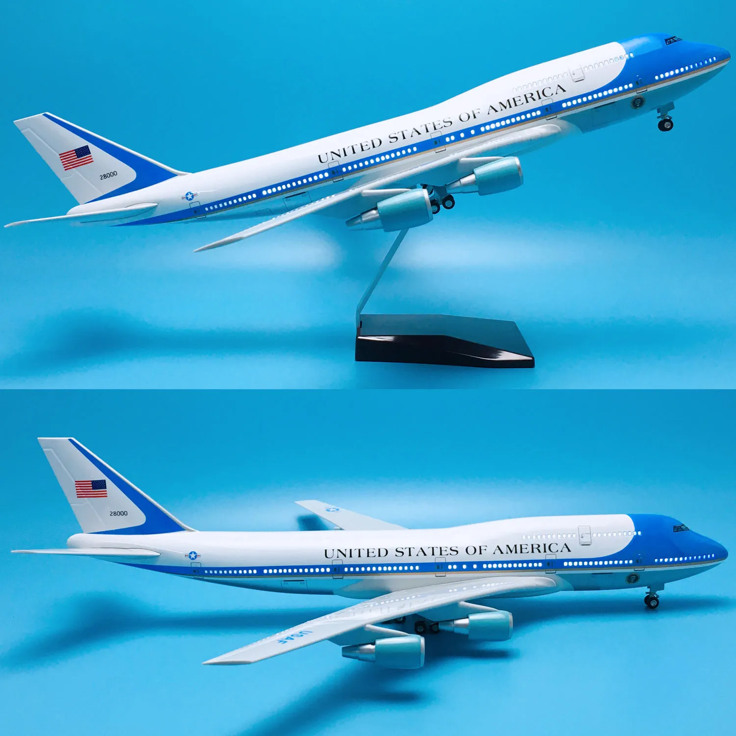Baza hot sale abs material 1 150 47cm with wheels led light airplane boeing b747 200 united