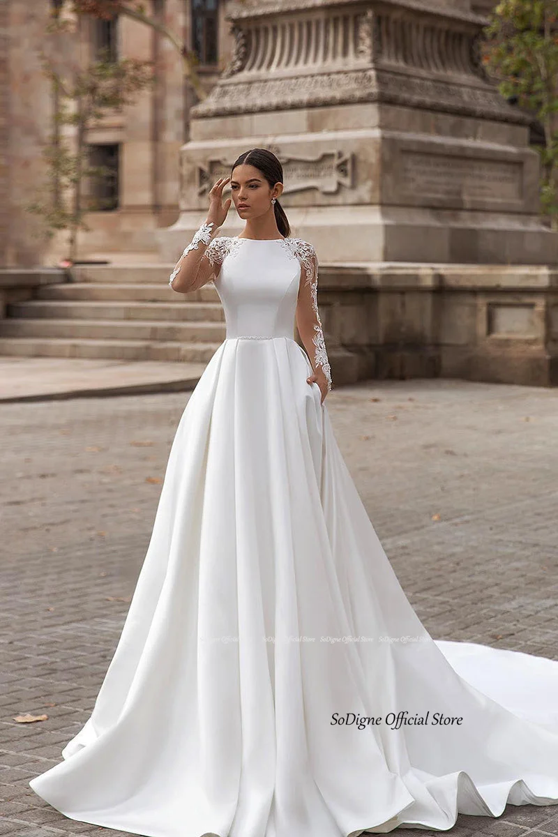 SoDigne A-line Satin Wedding Dresses O-neck Appliques Full Sleeves Bridal Dress Long Bride Gown vestidos de novia Customized 10 Sed59878b6e894cbbb55a0f6ff3ae0f2cV