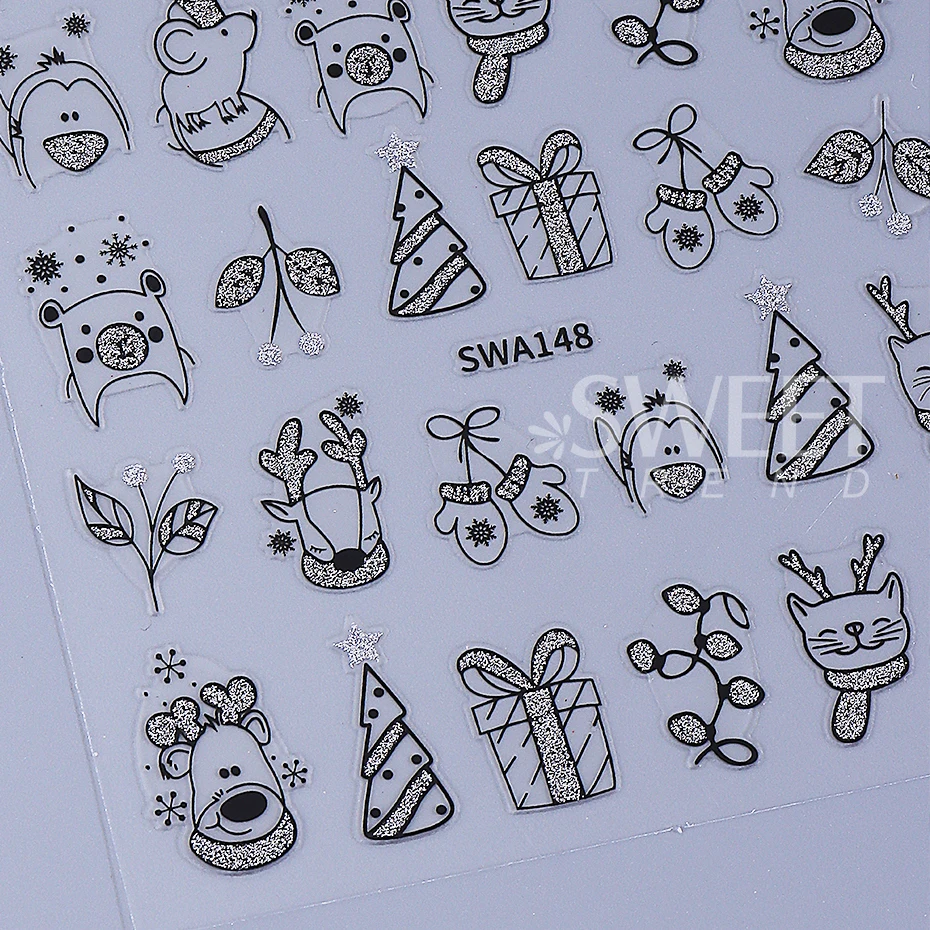 2pcs Glitter Cartoon Christmas Nail Stickers Gold Silver Reindeer Cat Glove Xmas Tree Nail Slider Decals DIY Manicure Decoration