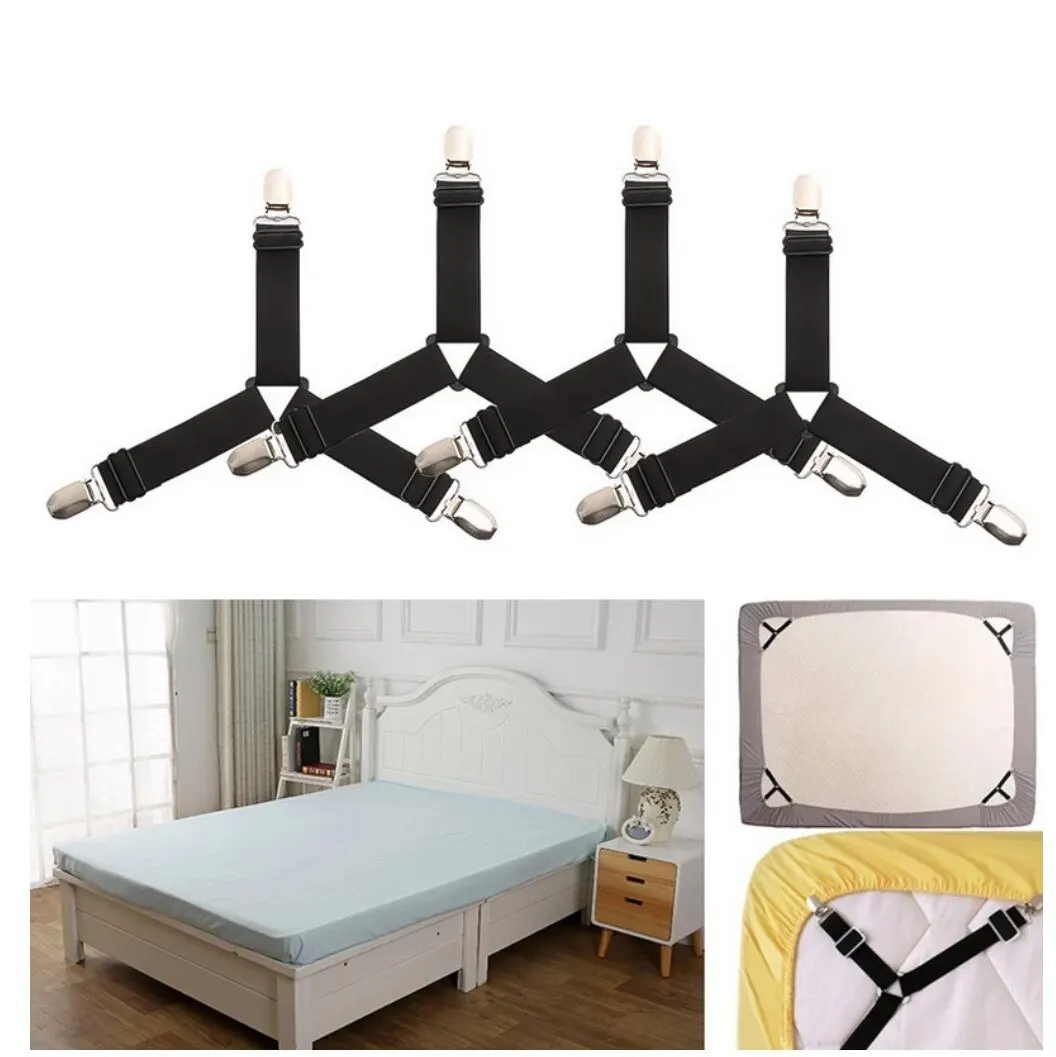 4pcs Adjustable Bed Sheet Fasteners Straps Elastic Mattress Cover Corner Holder Clip Grippers Suspender Cord Hook Loop Clasps 3
