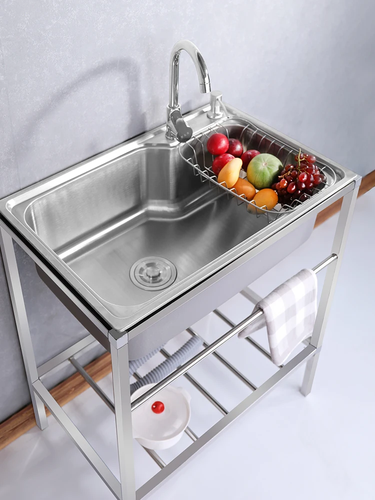 Kitchen Stainless Steel Sink with Bracket Washing Basin Sink Single Large Single Basin Wash with Rack