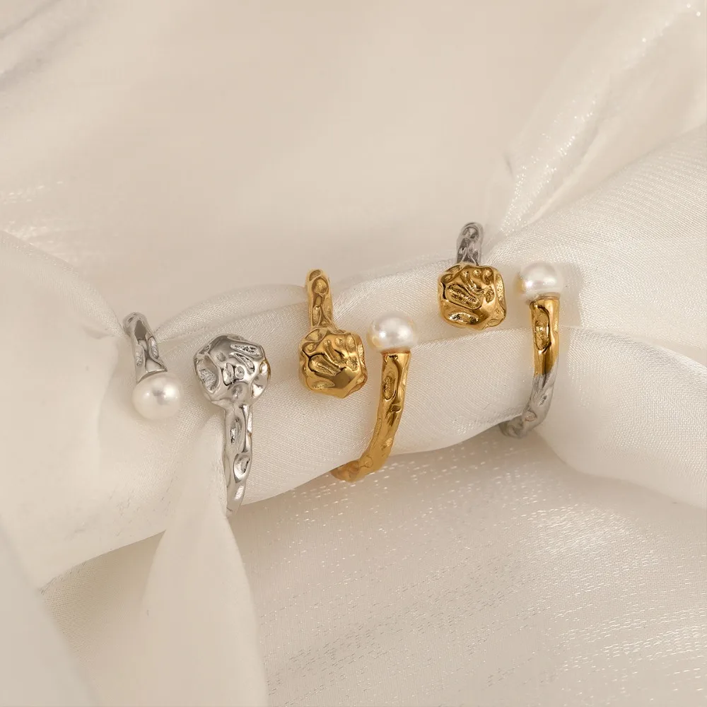 Creative Lava Textured Opening Pearl Rings Designer Style 18K Gold Plated Waterproof Statement Ring Gold&silver Double Color New