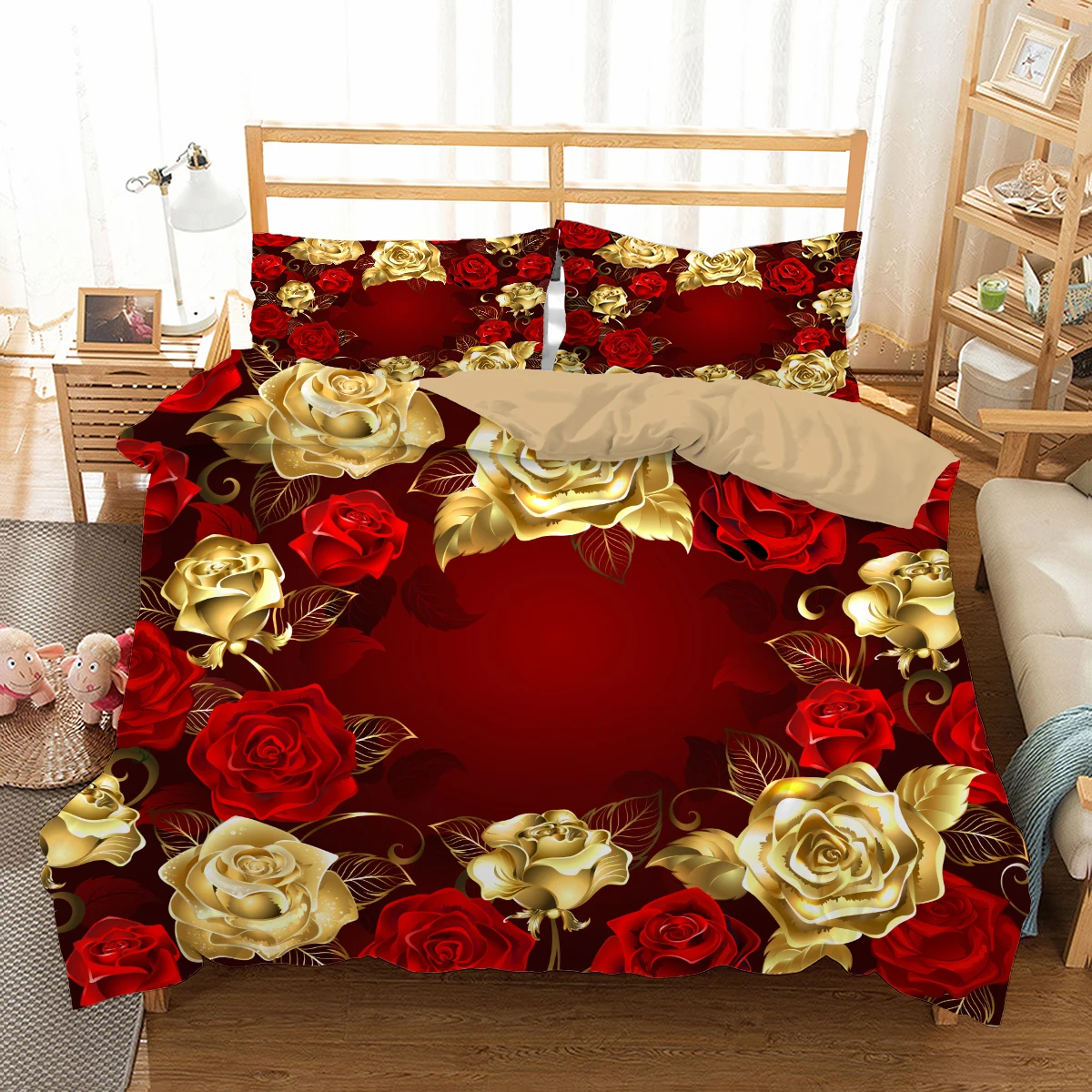 3D Shiny Red Golden Rose Flowers Duvet Cover Set with Pillowcase Valentine's Day Luxury Bedding Set Bedroom Dorm Decor Bed Sets