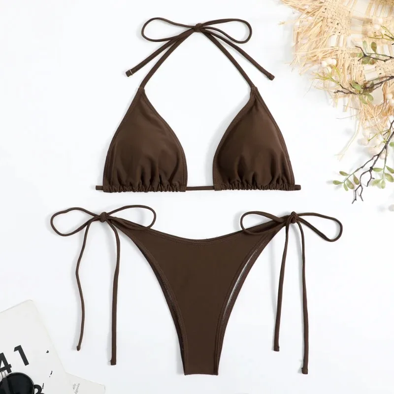 New Sexy Women Thong Solid Color Bikini Set Side Halter Tie Swimsuit Ladies Split Strap Adjustable Brazilian Swimwear Beachwear