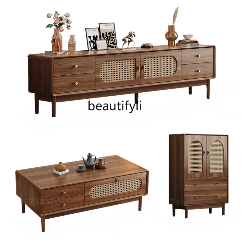 

Retro Simple Rattan Woven French Solid Wood Living Room Home Coffee Table TV Stand Combination