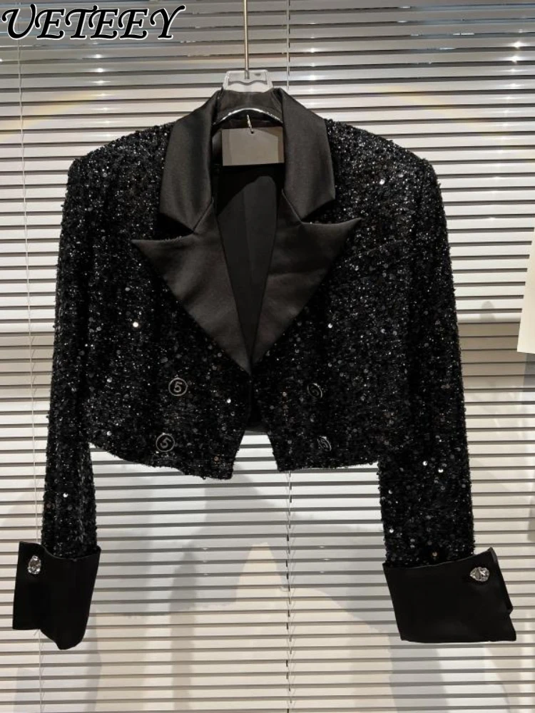 

2024 Spring Autumn New Sequined Long-Sleeved Coat for Women Elegant Lady Black Short Coat Business Suit Tailored Blazer