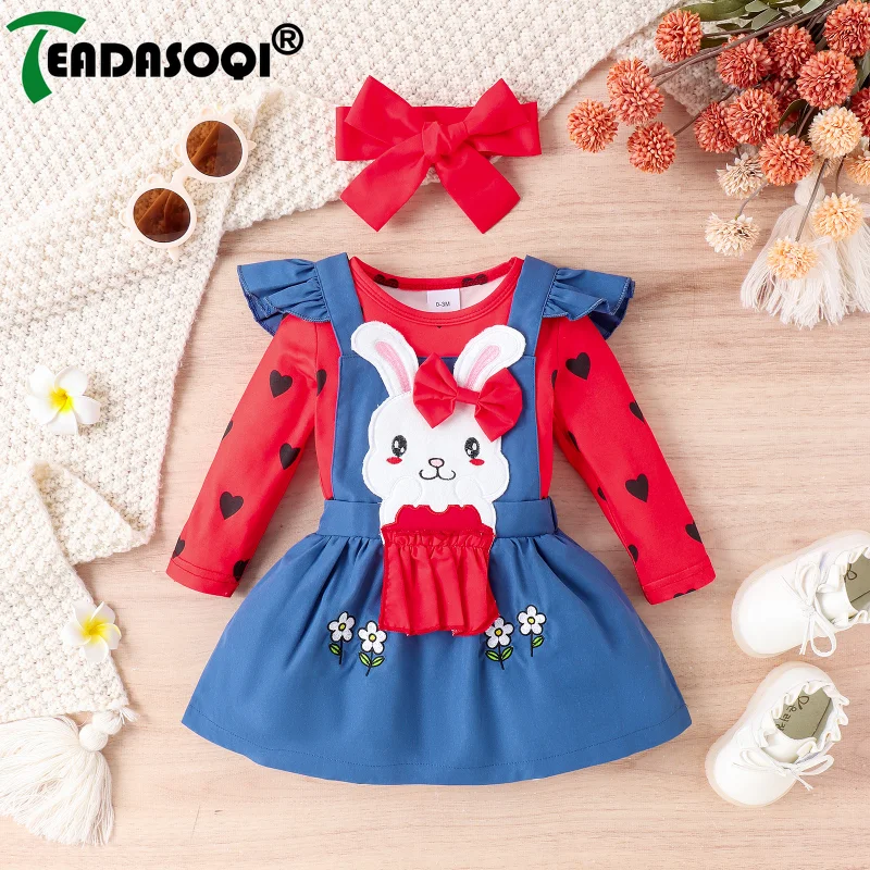 

0-18M Infant Baby Girls Clothes Suit Long Sleeve Heart Print Triangle Crawl Romper+Headband+Kids Rabbit Cartoon Skirt 3Pcs Sets