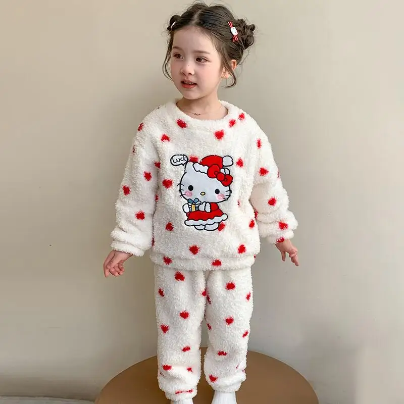 سانريو مرحبا كيتي منامة قطعتين مجموعة فتاة الخريف بلوفر شتوي السراويل الطفل الدفء Kawaii أنيمي الكرتون ملابس منزلية أنيقة