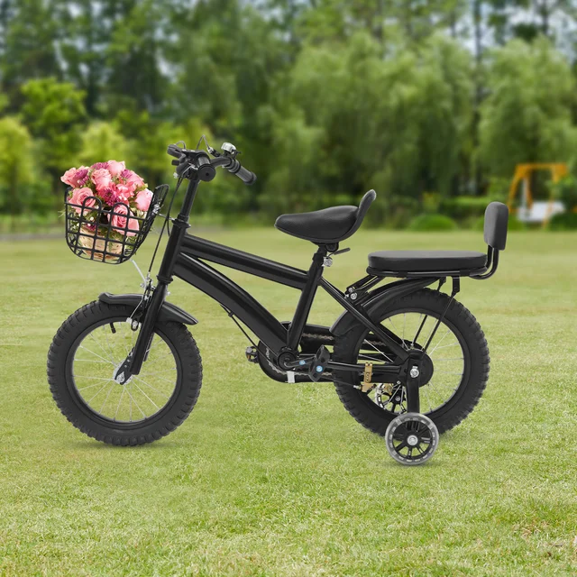 Vélo pour enfants de 14 pouces pour enfants de 3 à 7 ans, avec roue d'entraînement et panier réglables en hauteur, noir/blanc/violet/rose 1