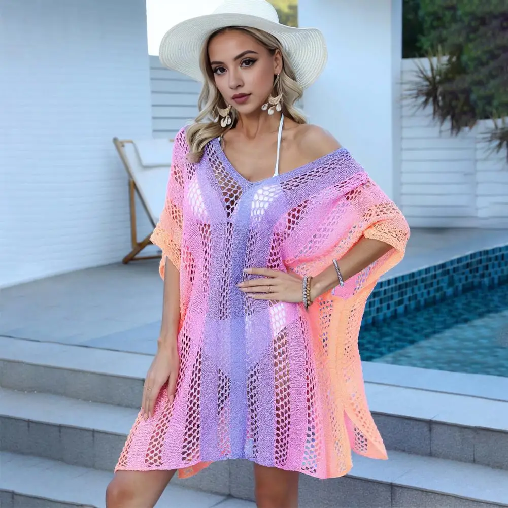 

Beach Cover-up Dress Stylish Women's Beach Cover Up Dress Sexy Gradient Color Knitting Bikini Coverup Hollow Out for Summer
