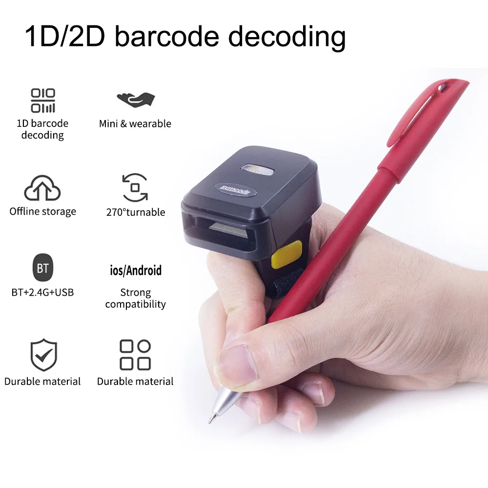 2D Barcode Scanner Portable Finger Handheld Wearable Ring 1D 2D Bar Code Reader BT+2.4G Wireless for Windows PC Computer 2