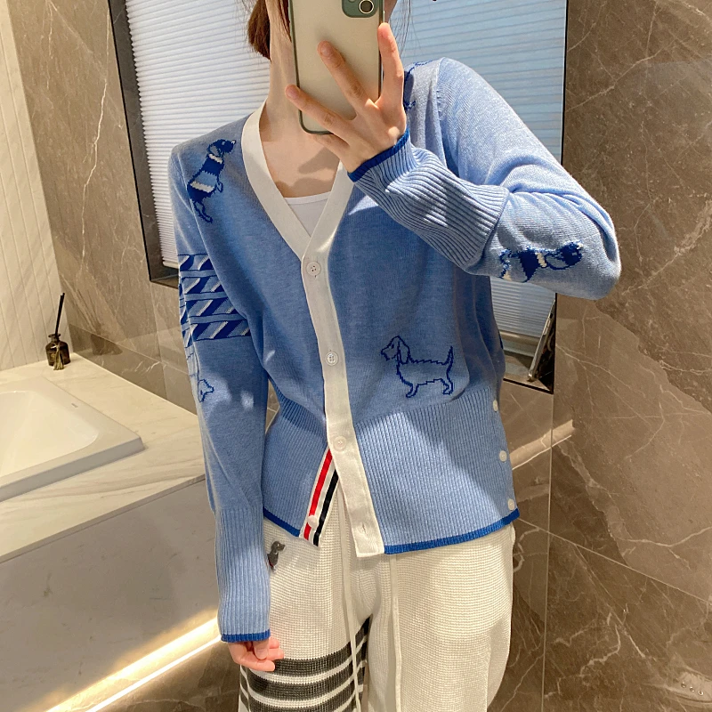 

TB Tom V-Neck Knitted Cardigan Women's Colorful Four Bar Color Contrast Coat Foreign Style Versatile College Style Long Sleeve