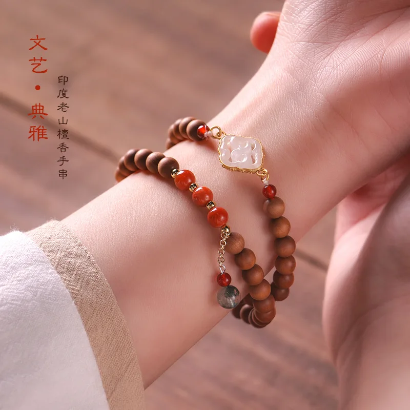 

India laosan sandalwood bracelet 6mm double ring women's wooden handstring Buddha beads and tian Jade red jewelry gift