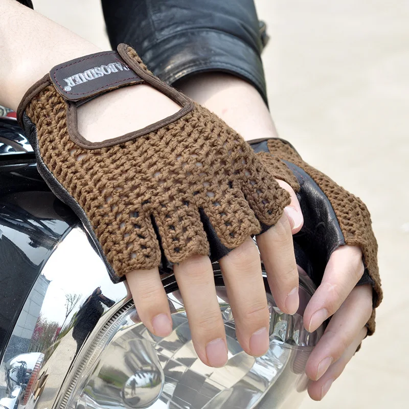 Men Locomotive Gloves Half Finger Driving Gloves Knitted Leather Cycling Breathable Men Leather Motocycle Cowhide Cycling Gloves Motorcycle Gloves Sports Gloves Leather Motorcycle Gloves
