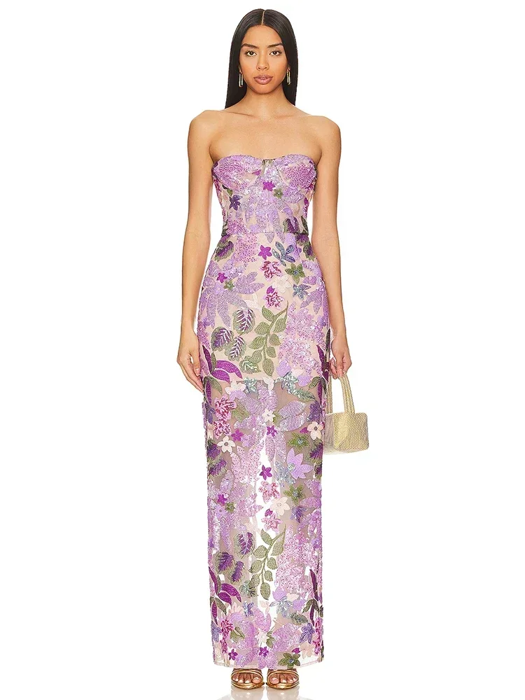 2025 Summer New Bra Heavy Industry Sequins Split Long Dress Women's Elegant Celebrity Club Party Evening Dress Wholesa