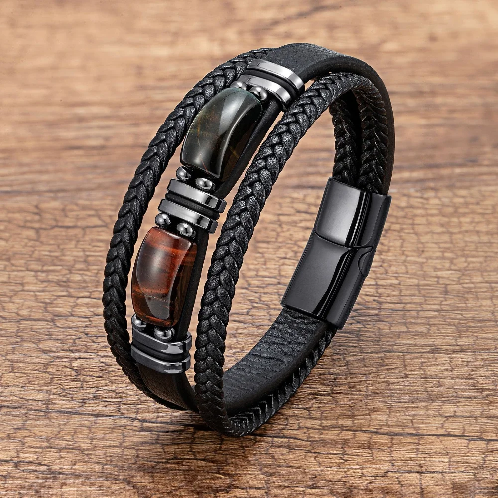 Fashion Frill Black Leather Bracelet For Men Stylish Magnetic Charm Bracelet  For Men Boys