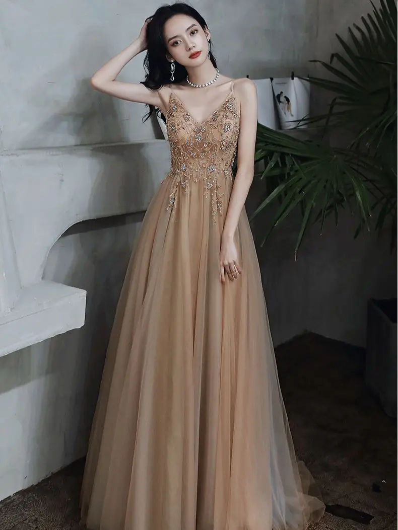 Prom Dress | Beaded Flowers Champagne Satin Evening Gown | HK | DBR Weddings