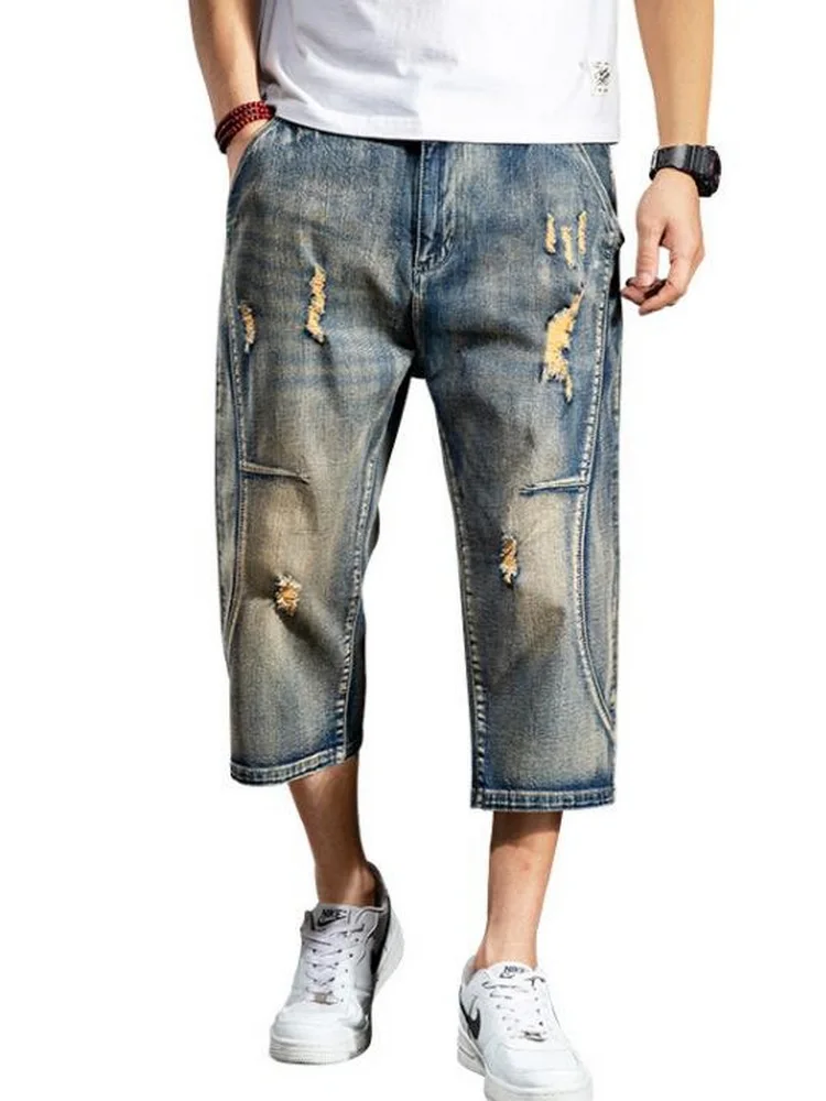 Mens Retro Cargo Denim Vintage Washed Faded Multi Pockets Men's Calf