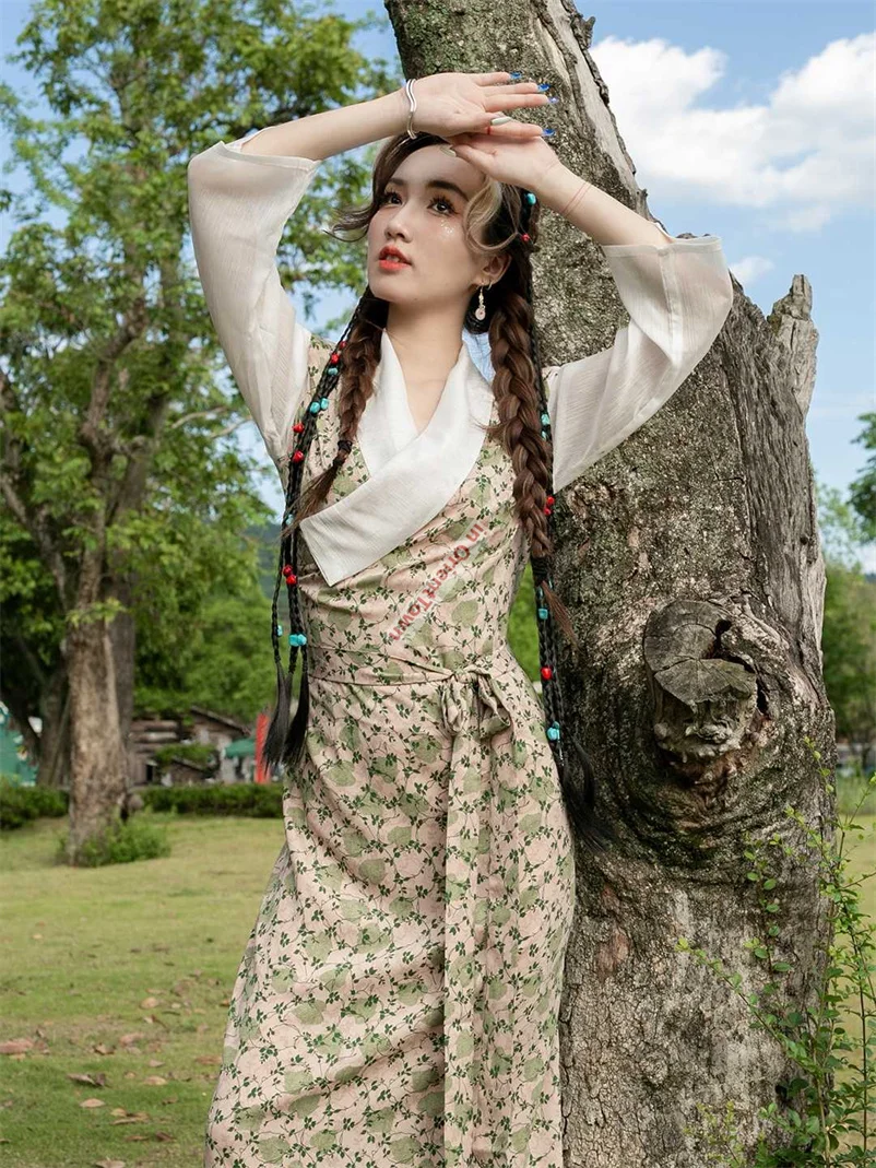 Tibet Trend Clothing Women's Summer Internet Celebrity Original Bora Robe Tibetan Ethnic Minority Floral Lhasa Village Gown Girl