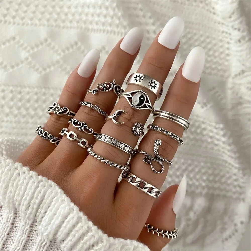 Retro Bagua Sun Moon Snake Leaf Flower Joint Ring Set 16Pcs/set