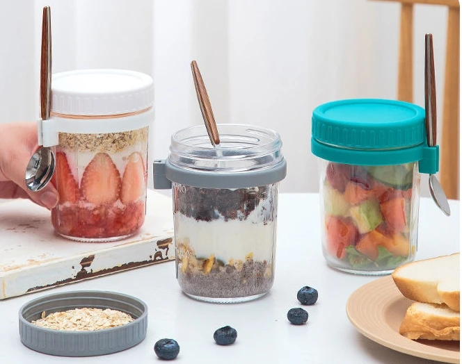 350ML Kitchen Tool Overnight Oat Cup Glass With Lid And Spoon Seal Food Breakfast Cup Portable Cereal Milk Salad Yogurt Cup