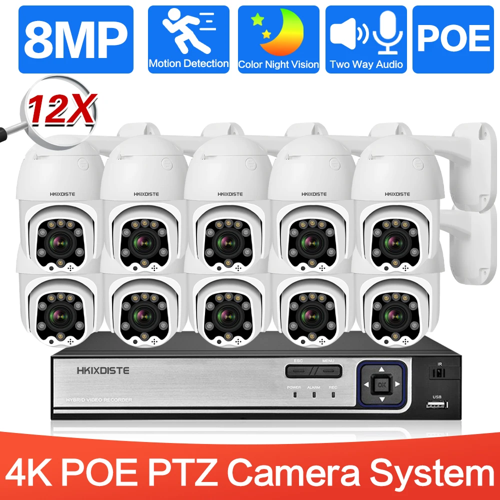 

10CH NVR Kit 4K PTZ 12X PTZ Zoom Camera System 8CH 8MP Ai Обнаружение человека цветной ночной двухсторонний аудио IP-камера безопасности POE Kit