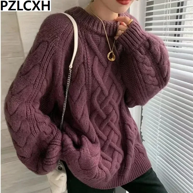 

Round Neck Long Pullover Sweater Version of Loose Languid Lazy Wind Twisted Flower Thickened Woolen Knit Woman Autumn Winter