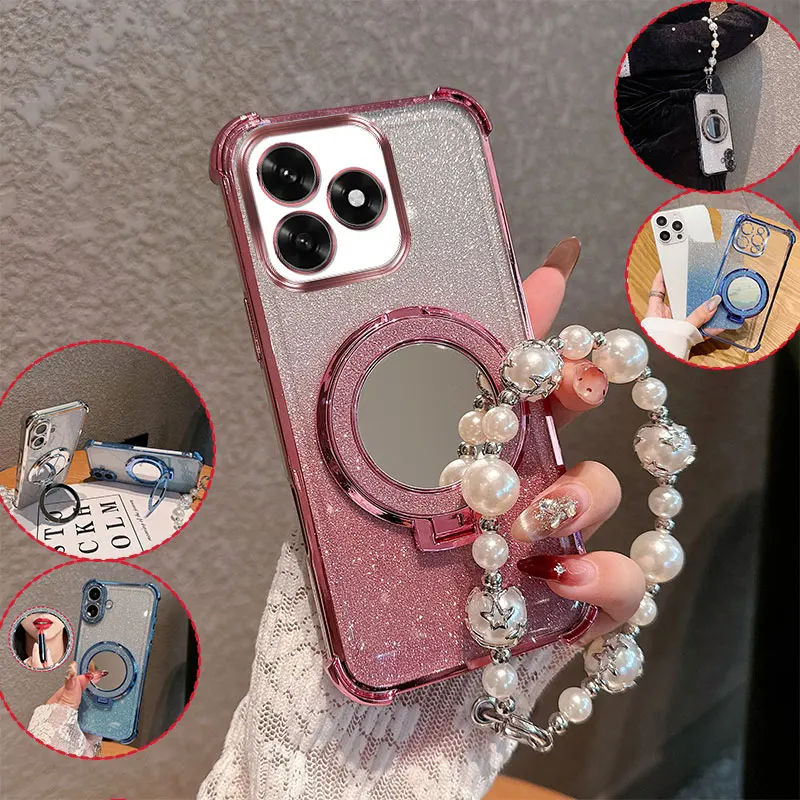Bling Glitter Lipstick Mirror Phone Case with Pearl Chain - Anti-Drop Shockproof Cover