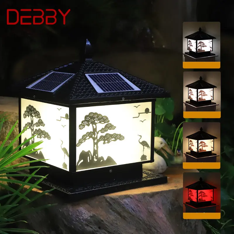 DEBBY Solar Post Lamp Outdoor Vintage Pine Crane Decor Pillar Light LED Waterproof IP65 for Home Courtyard Porch