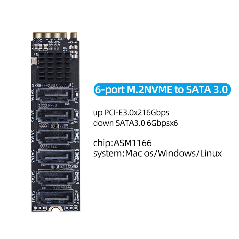Scheda Adattatore Da M.2 A 5 Porte SATA3.0 Con Chip ASM1166 – 6Gbps, Dissipatore In Alluminio, Plug&Play Per OS X E Windows - 2