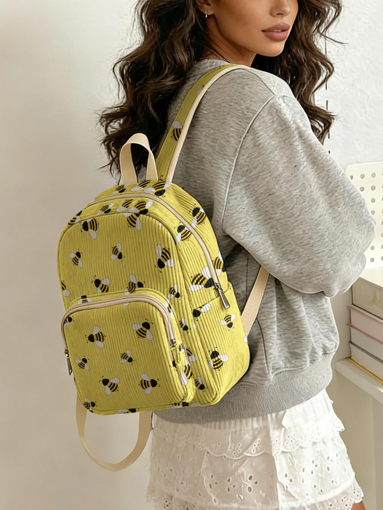 Yellow Bee Allover Print Women Fashion Backpack Corduroy Multi-pocket Large Capacity Commuter Bag 1