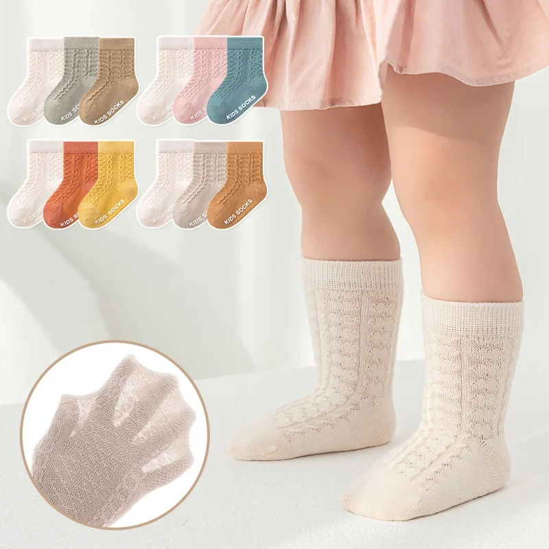 3Pairs/lot Kids Socks Girls Boys Spring Summer Thin Soild Cotton Mesh Non-slip Floor Sock 0-5Y