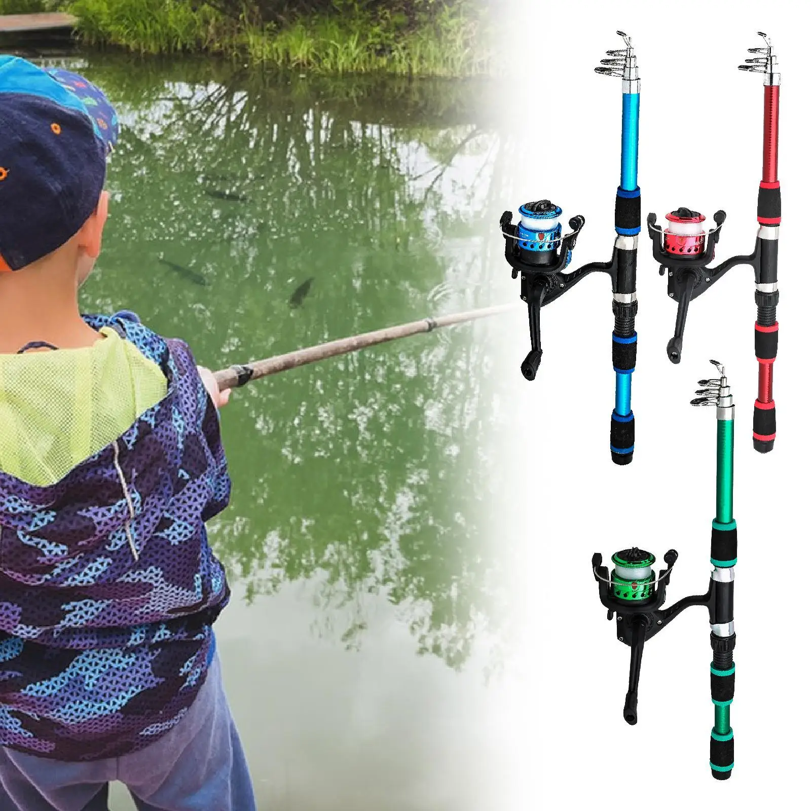 Adjustable Kids Fishing Pole Set Telescopic Fiberglass Rod Freshwater Reel Combo Complete Kit for Junior Fishing Activities