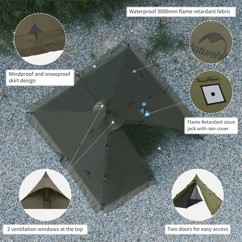 Naturehike Ranch Fire Pyramid Tent Chimney 4-Season Teepee Tipi Tent 2-4 Person 210T Waterproof Outdoor Camping