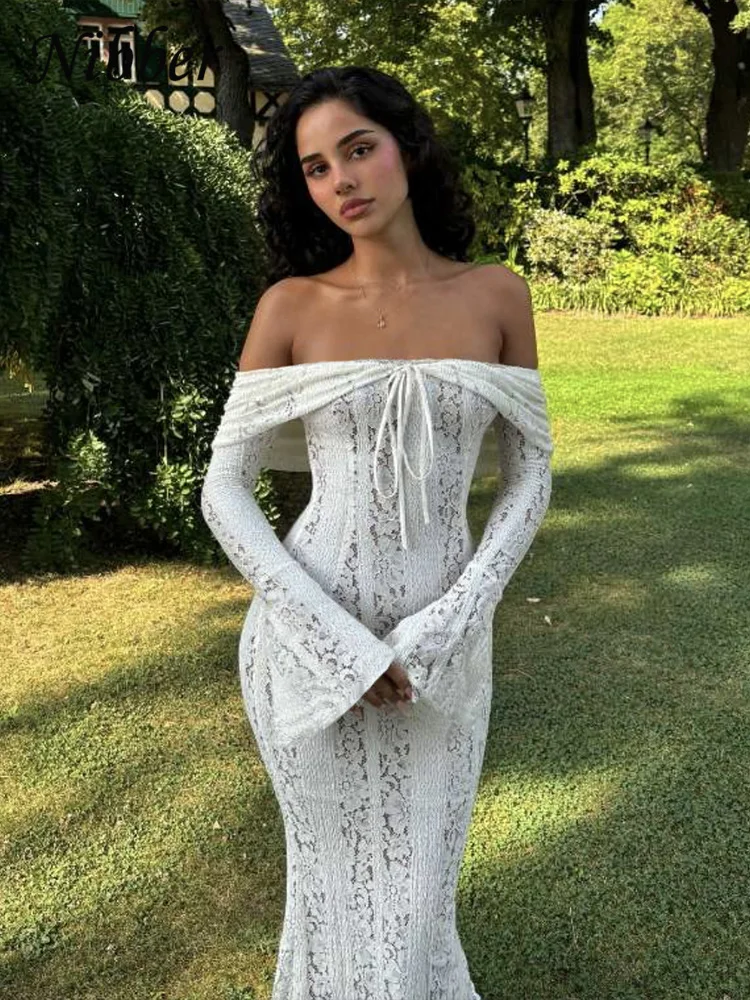 Nibber Jacquard Elegant Dress Women Pleat Slash Neck Lace-Up Backless Gala Mesh Patchwork Flared Sleeve Autumn Sexy Long Bodycon