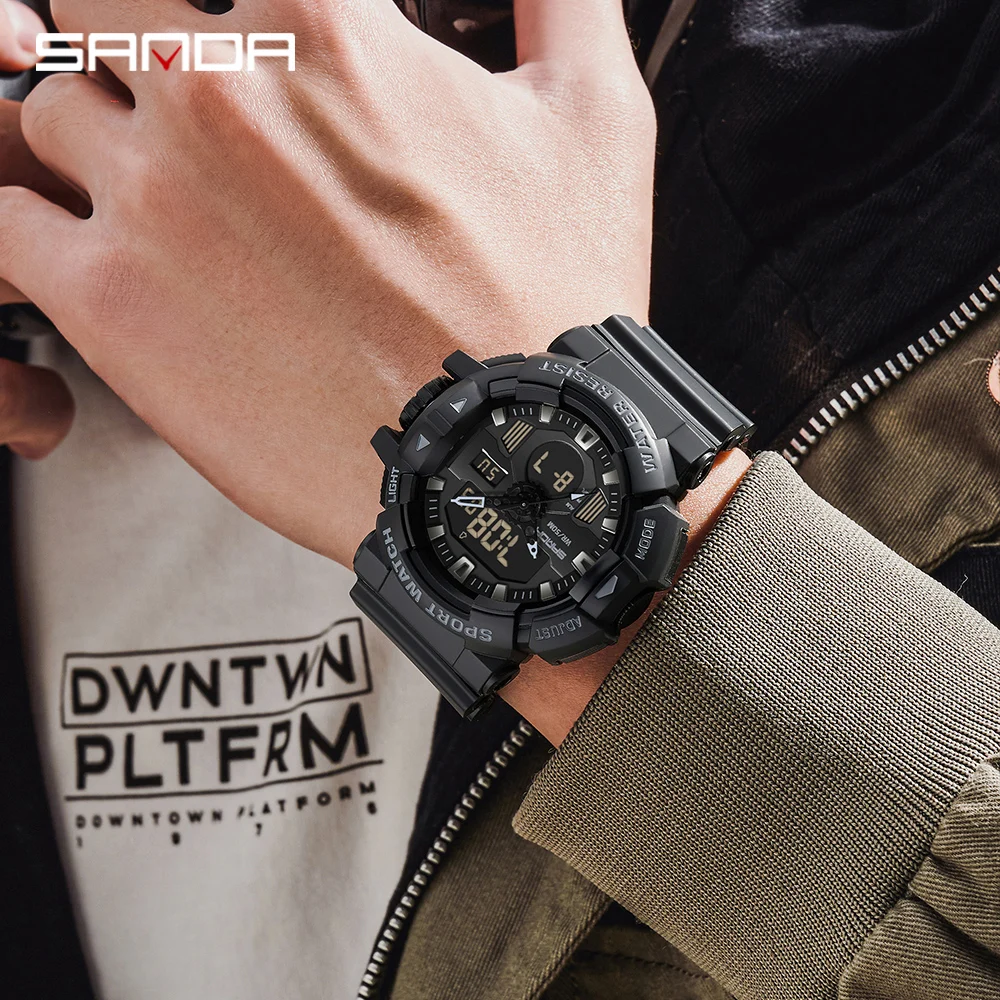 SANDA 3129 Men Military Sport Wrist Watch Yellow Blue Quartz Waterproof Watch Dual Display Male Clock Watches Relogio Masculino
