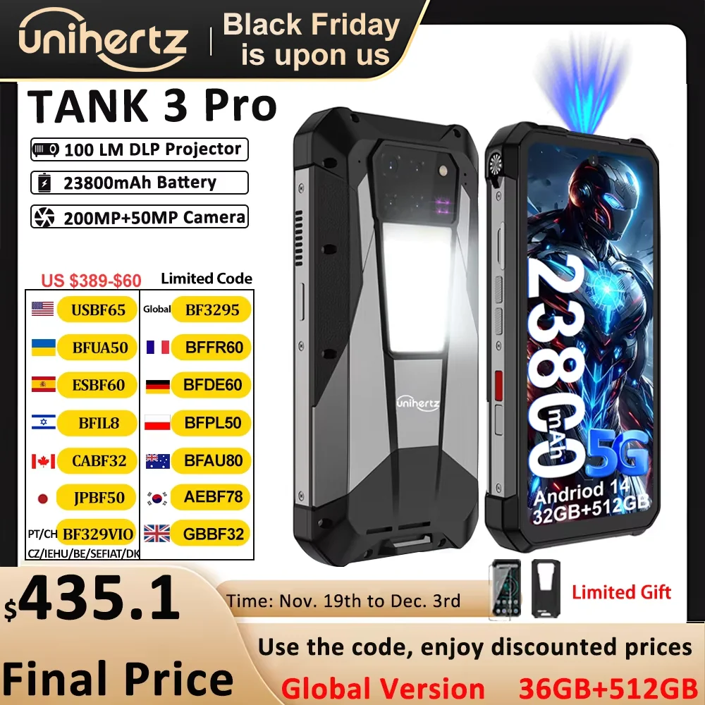 Unihertz Tank 3 Pro 8849 Rugged 5G Phone with 100 Lumens Projector Android 14 32GB 512GB 23800mAh Waterproof Phone WIFI 6 NFC