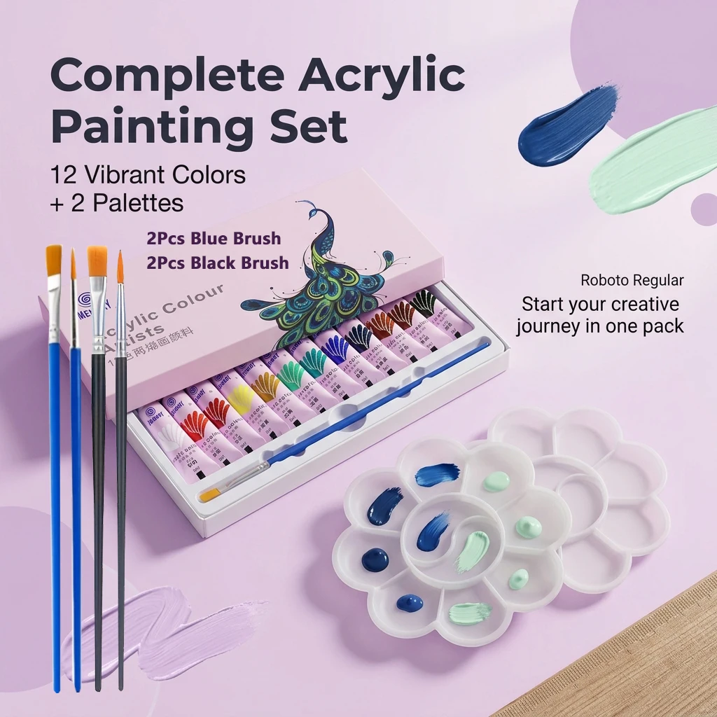 Kit di pittura acrilica 12/24 colori da 5 ml ciascuno con 2 vassoi per miscelare e 4 pennelli per pittura a olio per studenti per creare opere d'arte - immagine 2