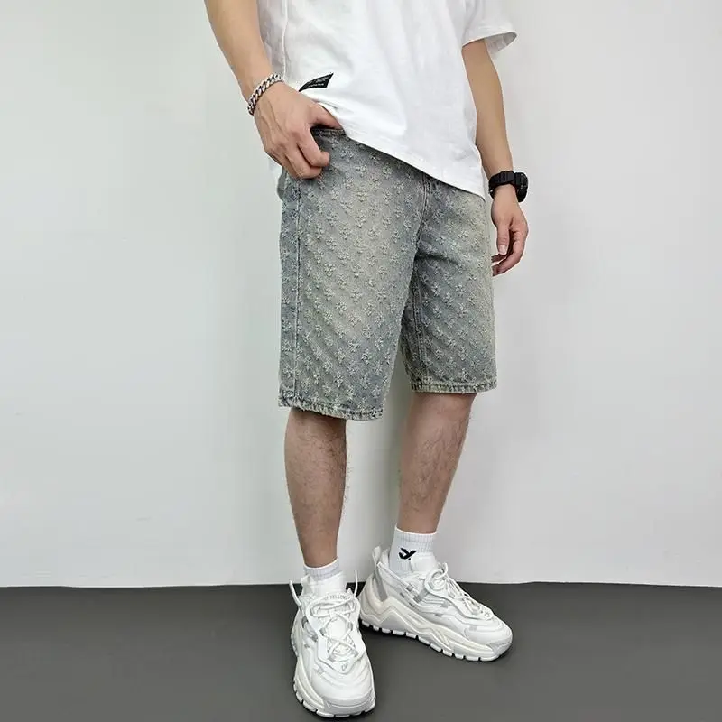 New American High Street Jacquard Ripped Summer Loose Straight Retro Five-point Denim Shorts