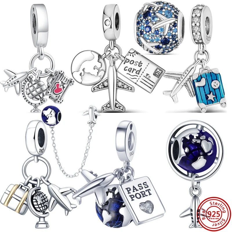 

925 Silver Airplane Globe Earth Suitcase Travel Post Card Sky Blue Beads Fit Original Pandora Charms Bracelet DIY Making Jewelry