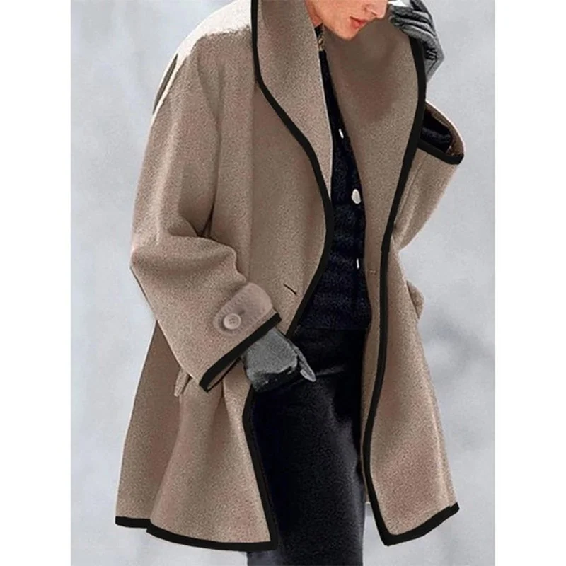 2023 Women's Autumn and Winter New Multicolor Round Neck Loose Woolen Coat One Button Color Matching Long-sleeved Casual Jacket