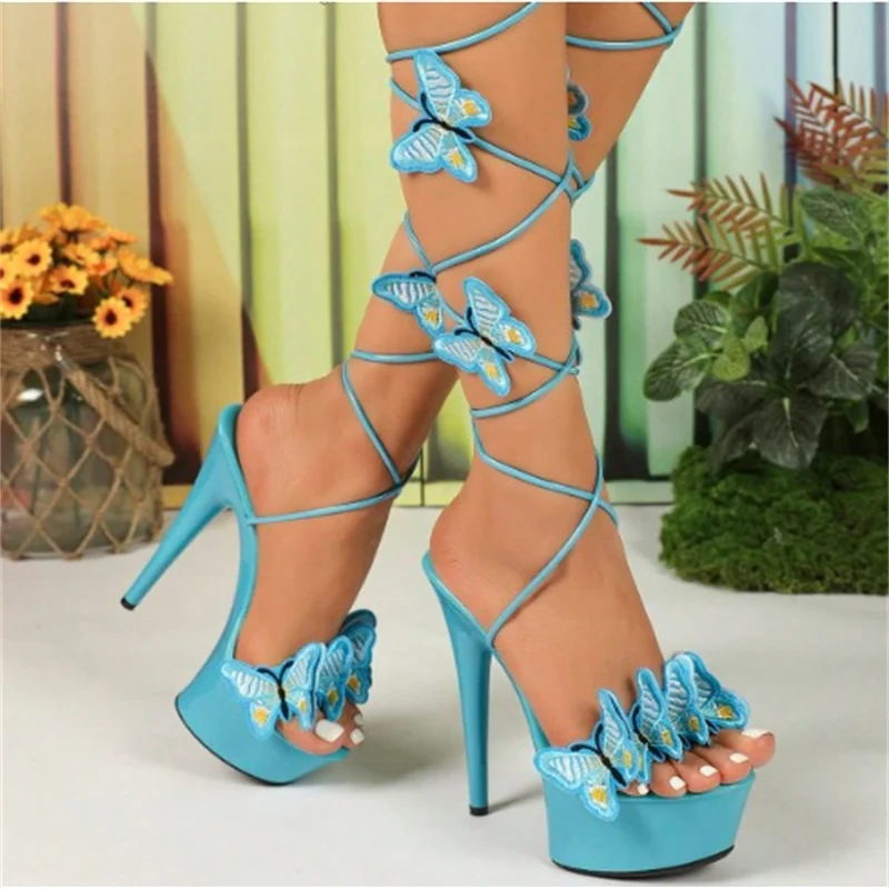 

Yellow Pink Blue Butterfly Knots 15cm PVC High Heels 5cm Platform Pumps Lace Up Strappy Sandals Plus Size Catwalk Wedding Shoes