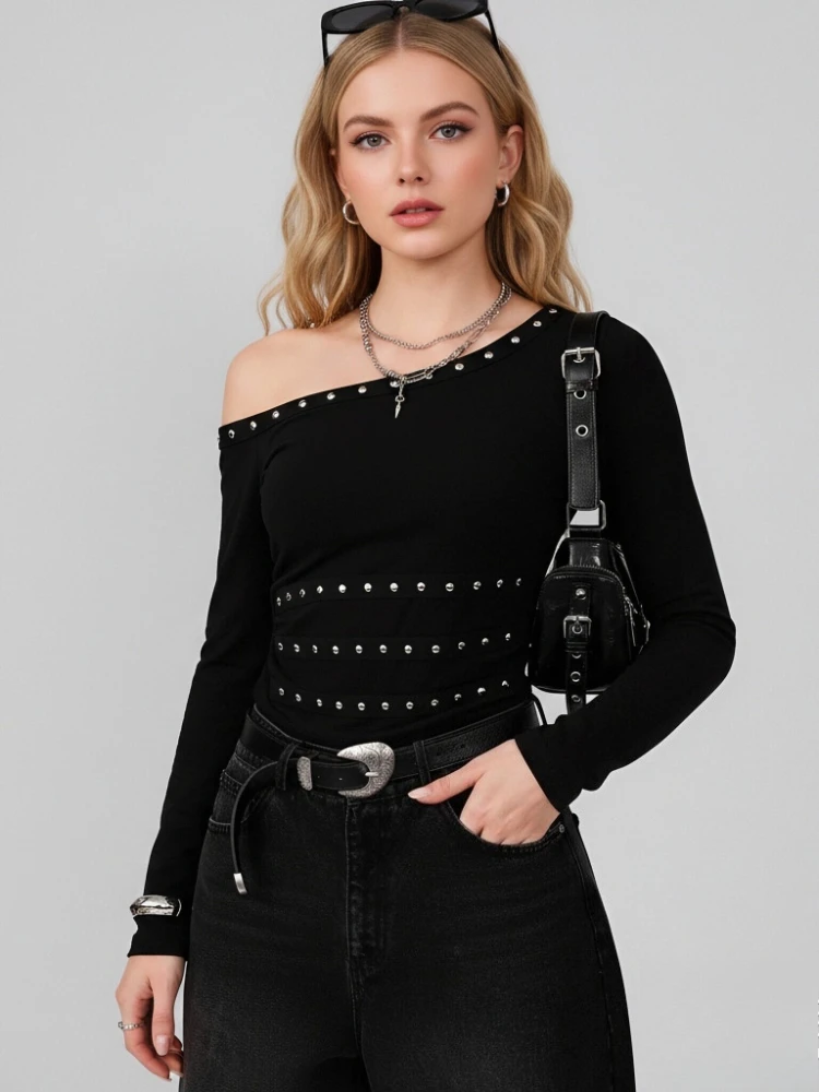 Spring and Autumn Women's Irregular Slanted Shoulder Collar Black Long-sleeved T-shirt Street Style Rivet Slim-fitting Sexy Top